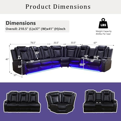 A Ainehome Power Recliner Set, Leather Sectional Sofa Set for Living Room, Home Theater, with LED Lights, Cup Holder, Hide-Away Storage, Wireless Charging(A-Black)