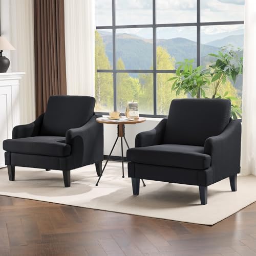 VINGLI Linen Fabric Accent Chairs Set of 2, Grey Modern Upholstered Armchair, Comfy Sofa Chair Living Room Bedroom Furniture for Apartment