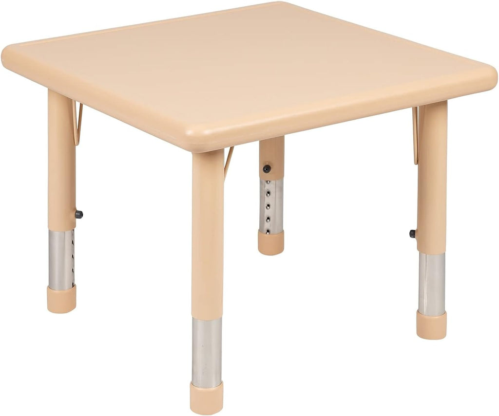 Flash Furniture 24 in Plastic Square Activity Table with 4 Chairs, Natural | Height Adjustable Table, Plastic, Durable Construction, Commercial Use