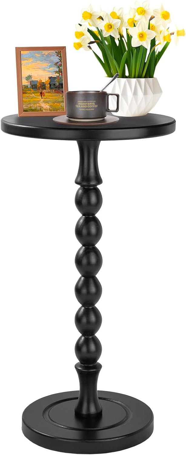 Round Side Table for Small Spaces, Drink Table with Oak Wood Pedestal, Modern End Table Nightstand for Living Room, Bedroom, Office, and Corners, Tool-Free Assembly, Black
