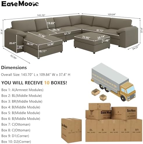 EASE MOOSE Sectional Couches for Living Room, Modular Sofa, Light Grey | Pet-Friendly Faux Leather, Large Deep Seat,Easy to Clean, Solid Wood Frame, Easy Assembly, Scratch Resistant