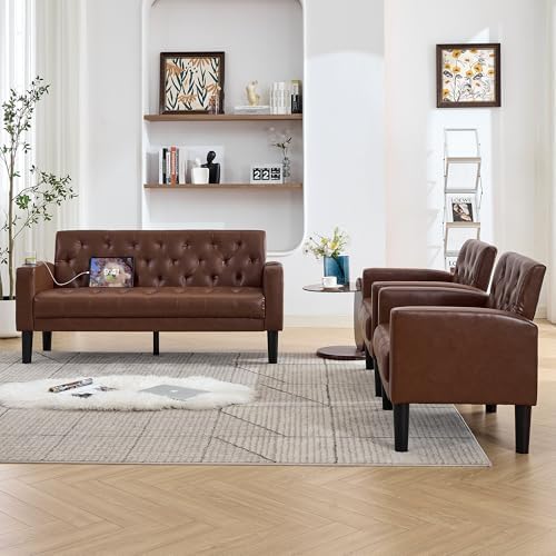 62'' Leather Loveseat Sofa Set with Chairs, 3-Piece Living Room Furniture | Leather Sofa and Chair Set, Loveseat Couch with 2 USB Ports and Cupholders, Comfy Furniture for Apartment Office, Brown