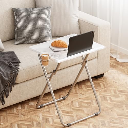 TV Tray Table,Folding Table with Cup Holder Portable,Foldable Snack Tray for Eating,Small Folding Tables Set of 2,Dinner Tables for Couch, Living Room,Small Space (White Marble,2Pcs)
