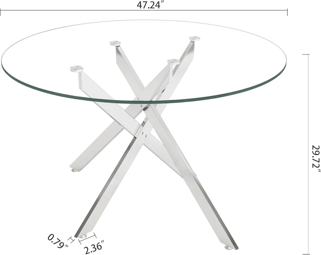 7-Piece Round Glass Dining Table Set for 6, 47" Circle Kitchen Table with 6 Black Velvet Chairs Modern Silver Glass Dining Room Table Set for 6 with Steel Leg Chair