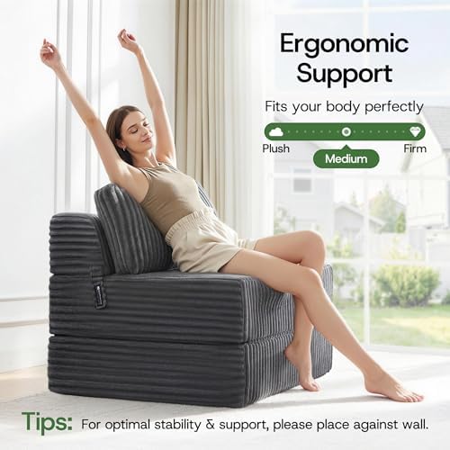 Convertible 4-in-1 Folding Sofa Bed Sleeper Chair Couch Foldable Chaise Lounger & Mattress Pocket Coils+Foam Fill Medium Support, No Assembly for Living Room/Bedroom, Twin