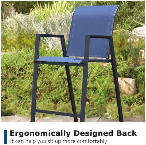 Outdoor Bar Stools Set of 2, 44'' Patio Bar Chairs with Textile High Back, Bar Height Chairs with Straight Armrest and Footrest, Blue