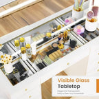 11 Drawers Glass Top Vanity Desk, Crystal Handles Makeup Vanity with Mirror and Lights, Dressing Table with Power Outlet, Adjustable Lighting Modes, White