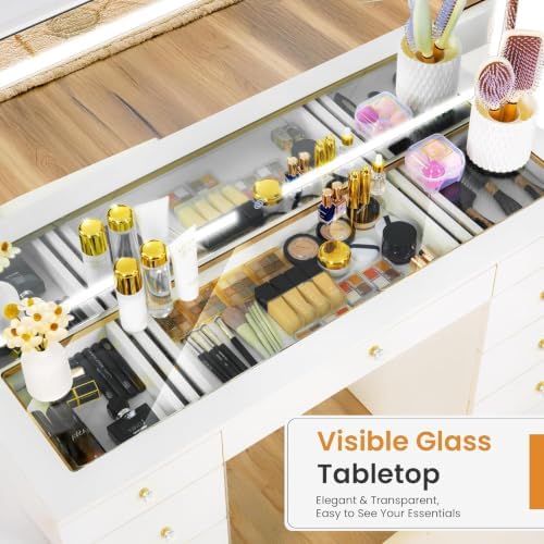 11 Drawers Glass Top Vanity Desk, Crystal Handles Makeup Vanity with Mirror and Lights, Dressing Table with Power Outlet, Adjustable Lighting Modes, White