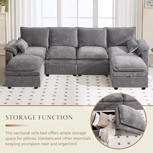 130" Modular Sectional Sofa with Storage, Premium Chenille Cloud Couch with Movable Ottomans, 1200lbs Heavy Duty Deep Seat Sectional, High-Density Foam (Light Gray, 4 Seater & 2 Ottoman)