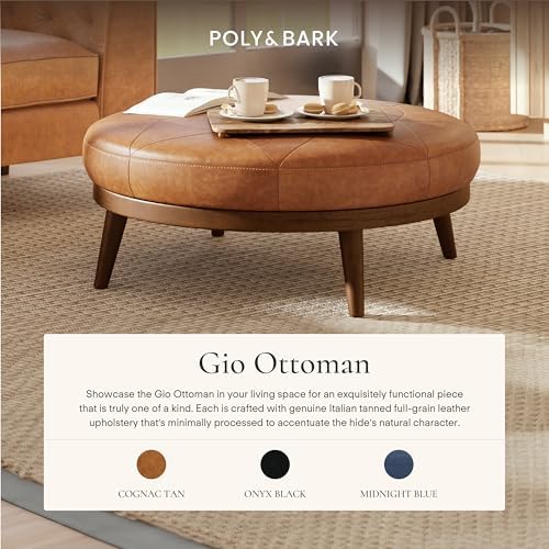 POLY & BARK Gio Ottoman – 30” Round with Feather-Down Topper – Full-Grain Leather Upholstery – Couch Ottoman for Living Room – Vintage Italian Leather in Cognac Tan