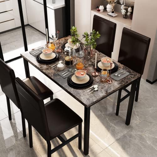 AWQM 5 Piece Dining Table Set for 4,Faux Marble Kitchen Table and Chairs for 4, Modern Dining Room Table with 4 Chairs,Dinner Table Set for Small Spaces, Brown