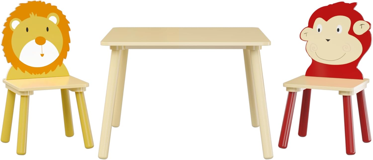 3 Pieces Toddler Table and Chair Set, Lion & Monkey Pattern Solid Wood Legs Heavy Duty Boys and Girls Activity Play Table and 2 Chairs Furniture for Playroom Daycare Kindergarten