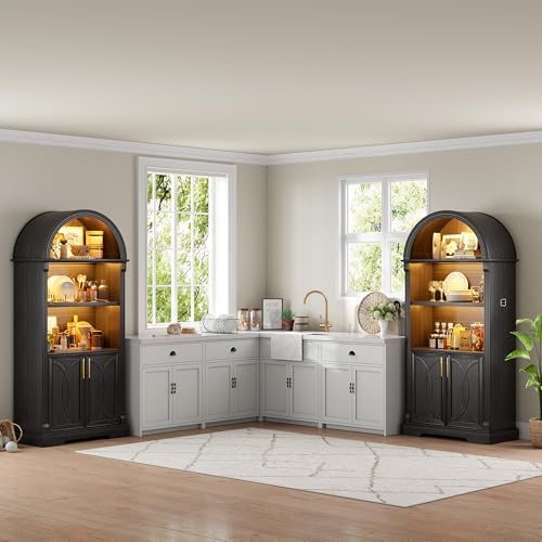 Vlsrka Kitchen Pantry Storage Cabinets with Adjustable Shelves, 71" Tall | Arched Wooden Cabinet with Doors, 3 Colors LED Lights, Motion Sensor, Freestanding, for Living/Dining Room, Black