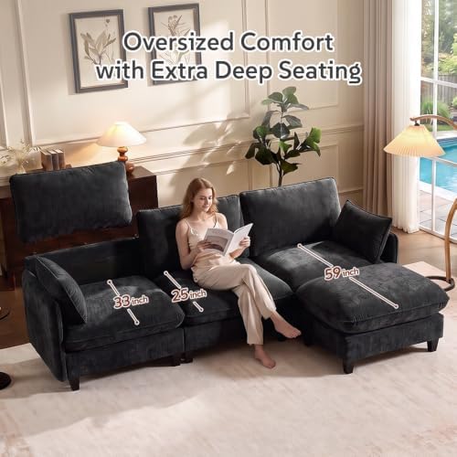 Ihanherry 139" Oversized V-Shaped Modular Sectional Couch, 9-Seater Cloud Sofa with Corner & Movable Ottoman, Large Cushions, Chenille Deep Seat Living Room Furniture Set,Black
