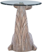 MAKLAINE Whale Sculptured Accent Table, 23 in Tall, Resin Base with Driftwood Finish, 20 in Beveled Glass Top, Rustic Side Table for Living Room or Bedroom Decor