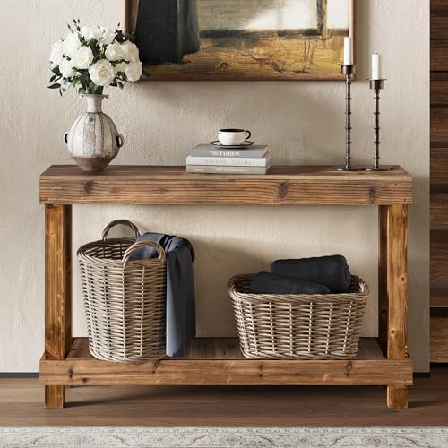 SMARTSTANDARD 46" Long Farmhouse Console Table, Solid Wood, Natural Brown | Console Sofa Table, Entryway Table for Hallway, Living Room, Entrance, 2 Tiers, Easy Assembly