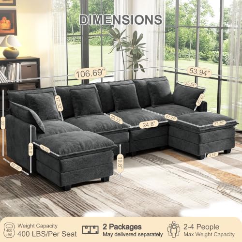 107" Cloud Couch Sectional Modular Sofa, Deep Seat Couches with Ottoman and Removable Washable Pillows for Living Room, Bedroom, Apartment, Black