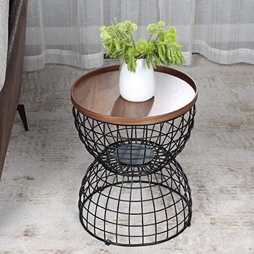 Telephone Table, Mobile Tray Sofa Side Table,Retro Solid Wood Telephone Desk,with Metal Storage Space,Diameter 16.14inch (Color:Walnut,Size:16.1416.1419.68in)