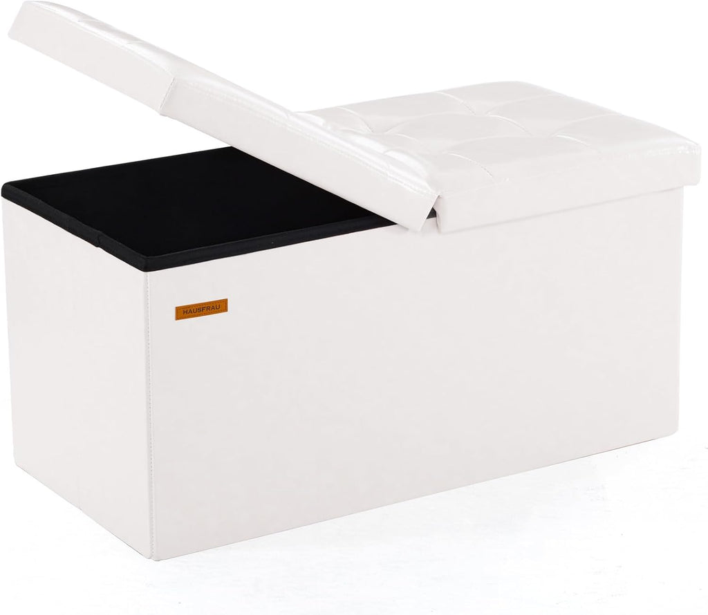 HAUSFRAU - 30 Inches Storage Ottoman Bench with Flipping Lid, Foldable Storage Chest Foot Rest for Living Room, Bedroom, Entryway, Load 660 lb, Synthetic Leather, White