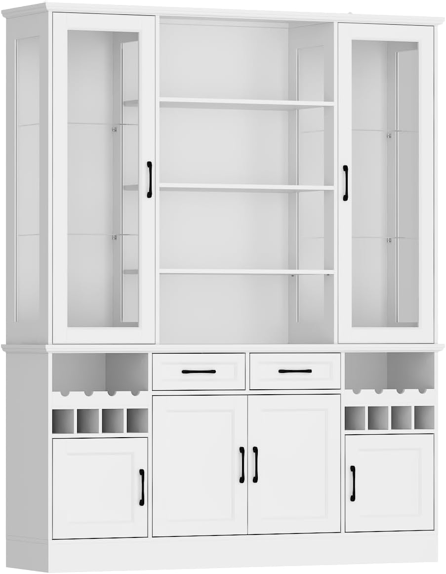 Timechee 78.7" Kitchen Pantry Storage Cabinet, Cupboard with Drawers and Wine Rack,Tall Food Pantry Cabinets with Tempered Glass Doors & Adjustable Shelves,Hutch Cabinet with Storage for Kithen,White