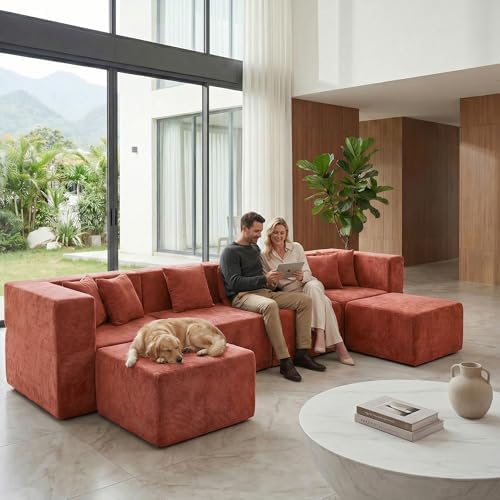 MONVANE U Shaped Sectional Couch Oversized, Chenille, Rust Red | 6-Seat Sectional Couch for Living Room, Modular Cloud Sofa with Ottoman & 6 Throw Pillows, No Assembly Required