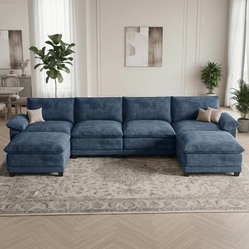 140" Modular Sectional Couch, U Shaped Cloud Sofa for Living Room | Comfortable Foam Cushions, Sturdy Frame, Appealing Appearance, Easy Assembly, Soft Chenille, Modular Design, Blue
