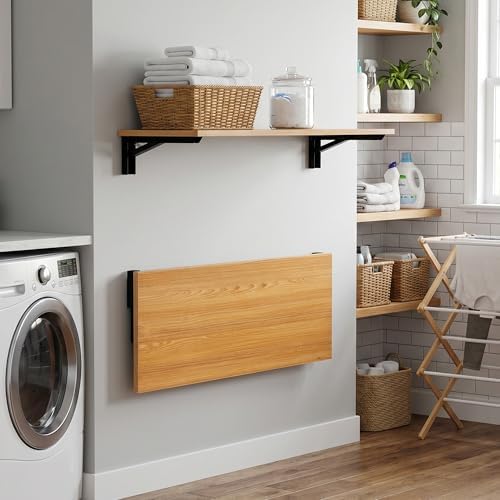 Need 47x20 Inch Wall Mounted Folding Table for Office Laundry Teak | Black Frame Fold Down Wall Mount Desk Folding Wall Table for Small Apartment, Garage&Ironing Station
