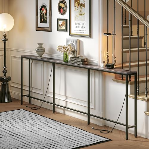 102.4" Behind Couch Table with 2 Fast Charging Stations, 7.1" Narrow Skinny Sofa Table with 4 Power Outlets, 4 USB-A, 2 USB-C for Console Entryway, Black Oak
