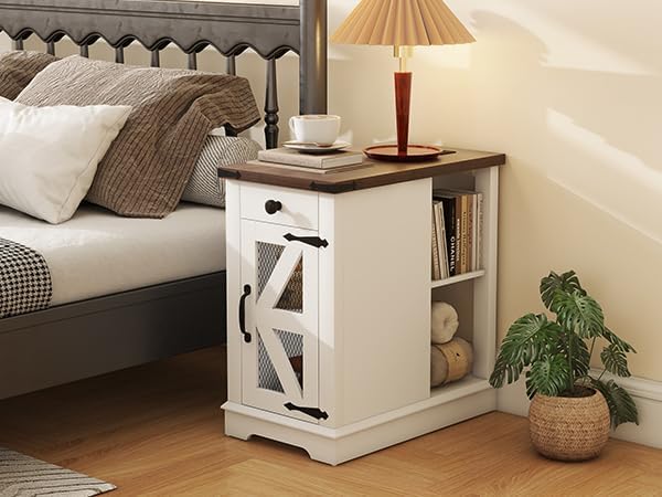 SUNSITT Side Table with Charging Station, Farmhouse End Tables with Back Storage Shelf, Outlets & USB Ports, Night Stand with Storage Cabinet Drawer Adjustable Shelf, White
