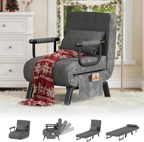 TYBOATLE Sleep Chair Bed Set of 2, Comfy Convertible Sleeper Chairs for Adults, Folding Sofa Bed with Adjustable Backrest & Side Pockets & Pillow, Cozy Small Couch for Small Spaces, Office (Dark Grey)