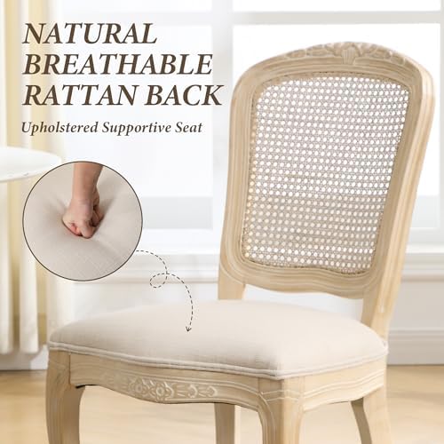 Wicker Dining Chairs Set of 4, Upholstered Linen Fabric Dining Room Chairs with Square High Rattan Back Farmhouse French Kitchen Chairs for Dining Table/Living Room/Restaurant, Cream