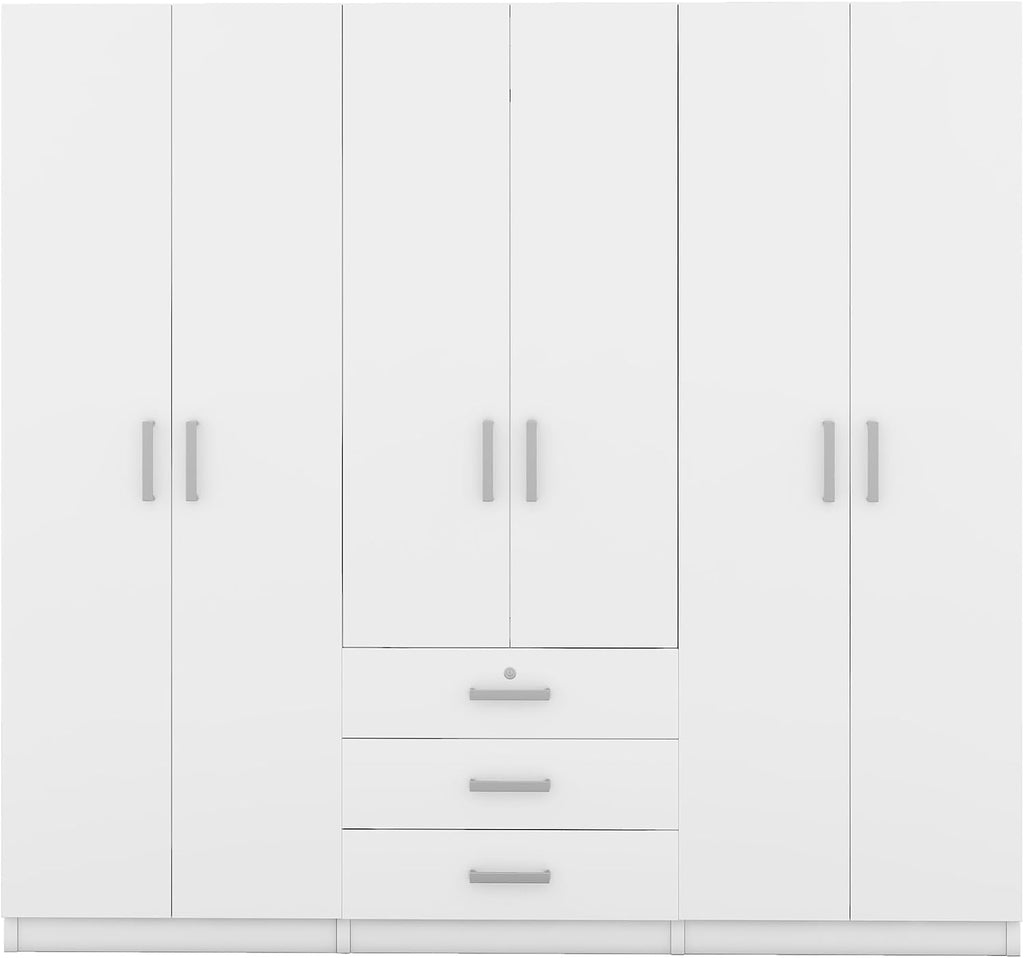 Merax Large White 6 Doors Wooden Wardrobe, Bedroom Tall Armoire Closet Organizer with Big Drawers, Hanging Rails and Shelves, Clothes Storage Cabinet for Garage & Laundry Room, White