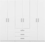Merax Large White 6 Doors Wooden Wardrobe, Bedroom Tall Armoire Closet Organizer with Big Drawers, Hanging Rails and Shelves, Clothes Storage Cabinet for Garage & Laundry Room, White