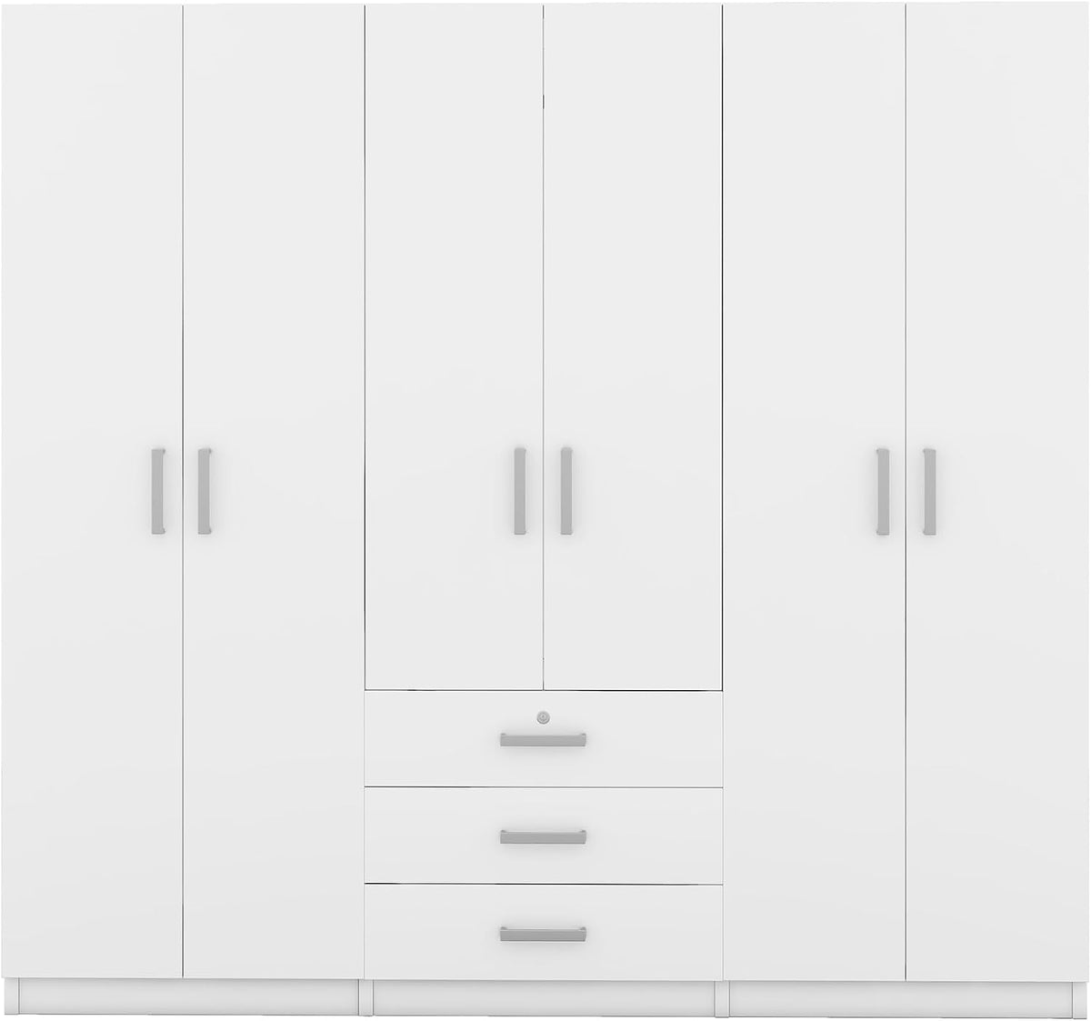 Merax Large White 6 Doors Wooden Wardrobe, Bedroom Tall Armoire Closet Organizer with Big Drawers, Hanging Rails and Shelves, Clothes Storage Cabinet for Garage & Laundry Room, White