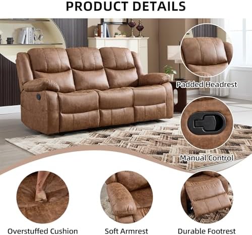 EBELLO Faux Leather Manual Reclining Sofa, Mid-Century Modern Overstuffed Armrest 3 Seat Recliner Sofa, Reclining Couch for Living Room, Meeting Room, Brown (3 Seat Sofa)