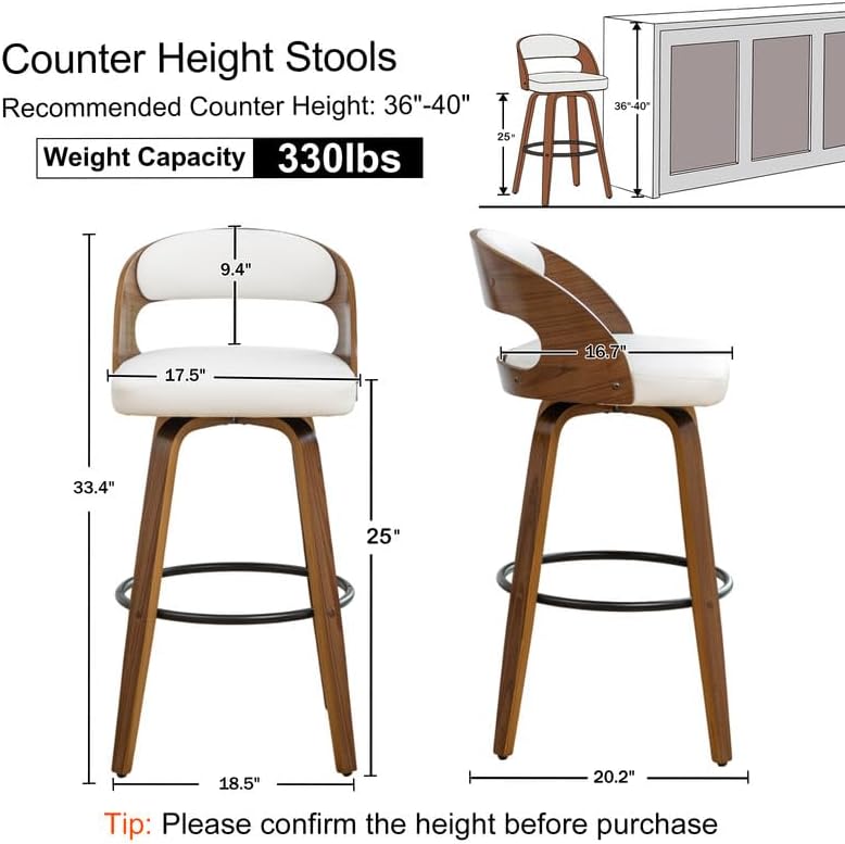 Swivel Counter Height Stools Set of 4, 25" Counter Stools with Bentwood Curved Back Upholstered Seats Mid Century Modern Stools for Kitchen Island, Counter, White