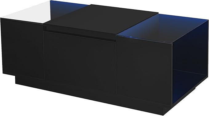 Modern High Gloss Coffee Table with Storage, 41.3-Inch Glass Top Center Cocktail Table with Drawers for Living Room, Black