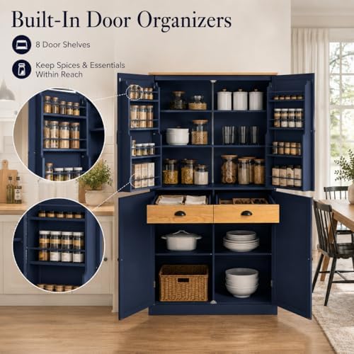 71" Tall Kitchen Pantry Storage Cabinet with 8 Door Shelves and 2 Storage Compartments, Two-Tone Freestanding Food Pantry Cabinet with Adjustable Shelves for Kitchen, Dining Room