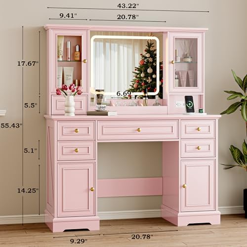 BORNOON Vanity Desk with Lights, Large LED Mirror with 3 Color Modes, Makeup Vanity with Power Outlet & USB Ports, 6 Drawers & 2 RGB Glass Cabinets, Farmhouse Dressing Table for Women & Girls (Pink)