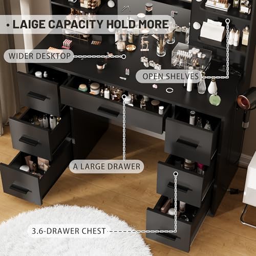 Furmax Vanity Desk with LED Mirror,Power Outlet,7 Drawers Makeup Table | LED Lighted Mirror & Built-in Outlet,7 Drawers and 6 Shelves,Organized Makeup Storage for Bedroom,Black
