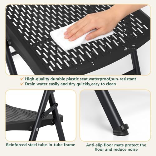 Black Folding Chairs 4-Pack, Breathable Plastic for Card Tables & Indoor Outdoor, Easy-Clean & Supports 400 Lbs