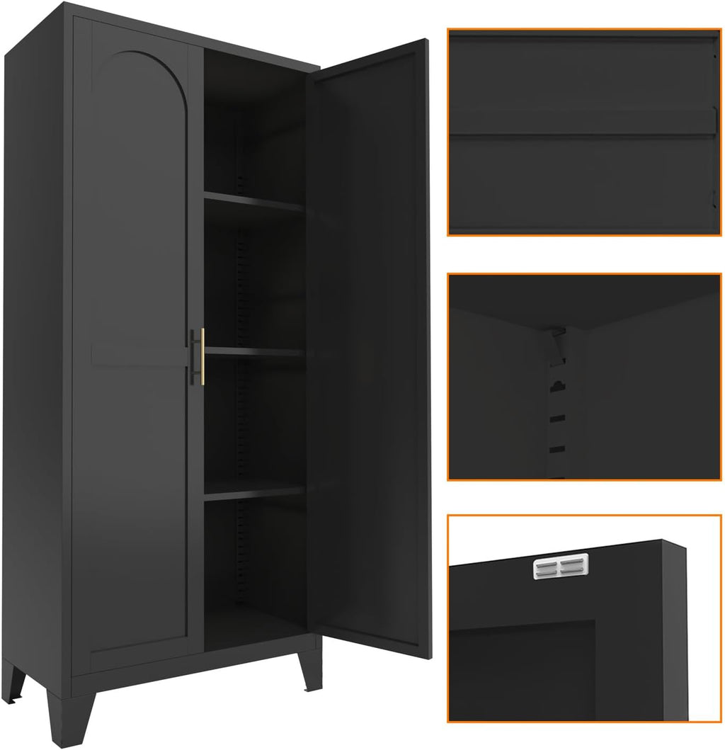 61" Tall Kitchen Pantry Cabinet, Black Metal Garage Storage Cabinet with Doors and Adjustable Shelves, Kitchen Cupboard, Pantry Cabinets for Kitchen, Dining Room, Office, Easy Assembly