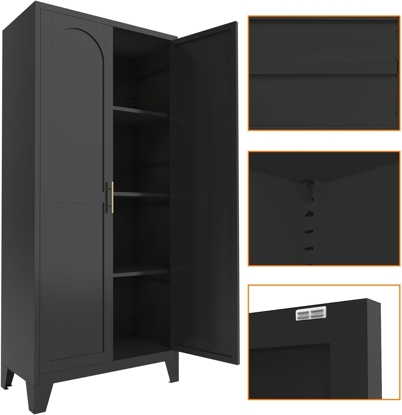 61" Tall Kitchen Pantry Cabinet, Black Metal Garage Storage Cabinet with Doors and Adjustable Shelves, Kitchen Cupboard, Pantry Cabinets for Kitchen, Dining Room, Office, Easy Assembly