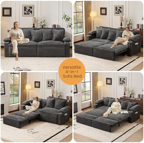 SUNWAVE 83" Sleeper Sofa, 3-in-1 Pull Out Sofa Bed Corduroy Couch Bed | Convertible Sleeper Couch with USB Ports, Cup Holders & Side Pockets for Living Room, Small Spaces