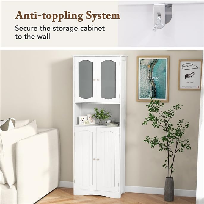 NAFORT Tall Storage Cabinet, Freestanding Cupboard with Adjustable Shelves, Frosted Glass Doors, Anti-Tipping Devices, Multifunctional Floor Cabinet for Bathroom, Dining Room & Living Room (White)