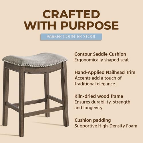 ROME + OAK Parker 26-Inch Backless Counter Stool, Backless Saddle Kitchen Stool in Walnut Finish with Grey Fabric Upholstery Cushion Seat