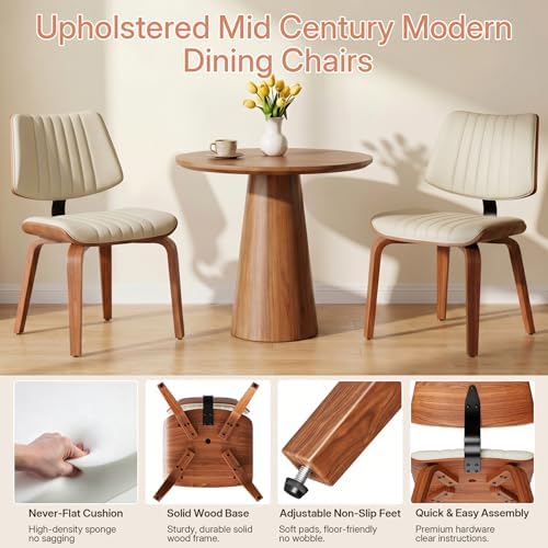 Dining Chairs Set of 4, Mid Century Modern Dining Walnut Chairs,Beige | Faux Leather Dining Chair with Upholstery and Bentwood Open Backrest, Armless Dining Room Sets for Kitchen,Study Room