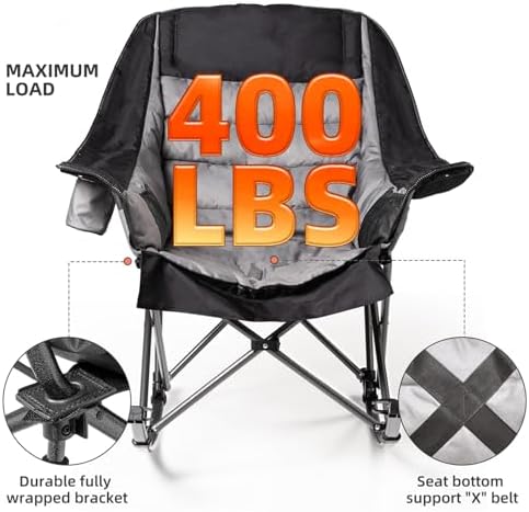 2 PCS Oversized Rocking Camping Chair for Adults - 400lbs Capacity Padded Camp Chair, Portable Foldable Outdoor Rocker Chair for Camping, Backyard, Patio (Black & Gray)
