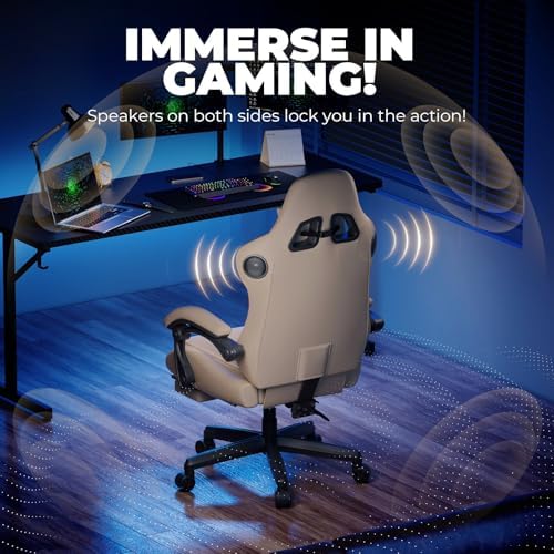 GTPLAYER Gaming Chair with Speakers ACE-PRO, Computer Video Game Chairs with Footrest for Adults, Built-in Speakers, App Support & Bluetooth Control, Ergonomic Reclining Silla, Linkage Armrest, Ivory