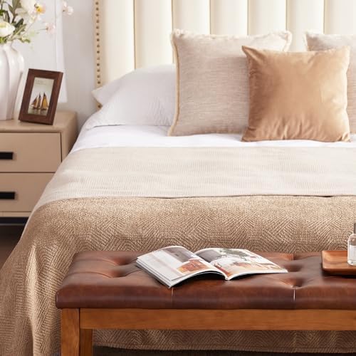 Ottoman Bench Oversized Entryway Shoe Bench Seat Faux Leather Brown | Large Long Rectangle Dining Bench with Button-Tufted Padded Upholstered Seat & Wood Legs for Living Room Bedroom End of Bed